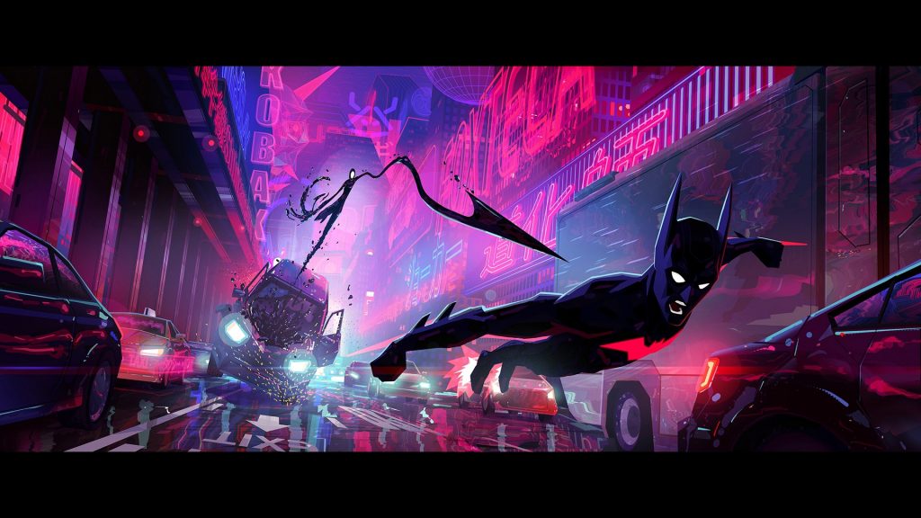 batman beyond animated movie concept art. batman fighting inque in traffic.
