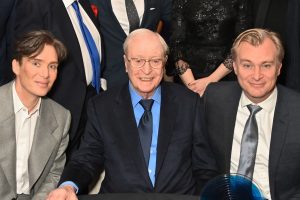 michael caine with christopher nolan and cillian murphy