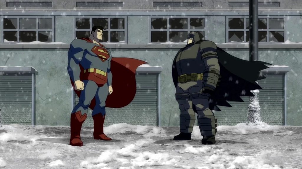 batman and superman facing each other from the animated film the dark knight returns