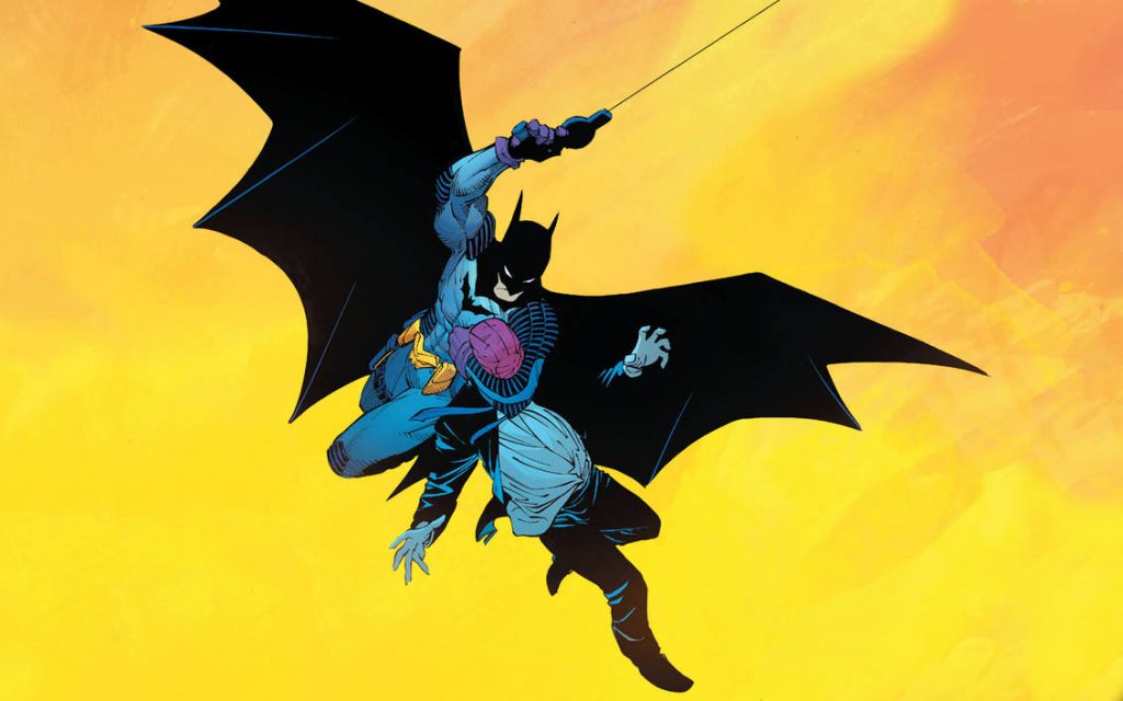 batman flying while holding a goon from zero year